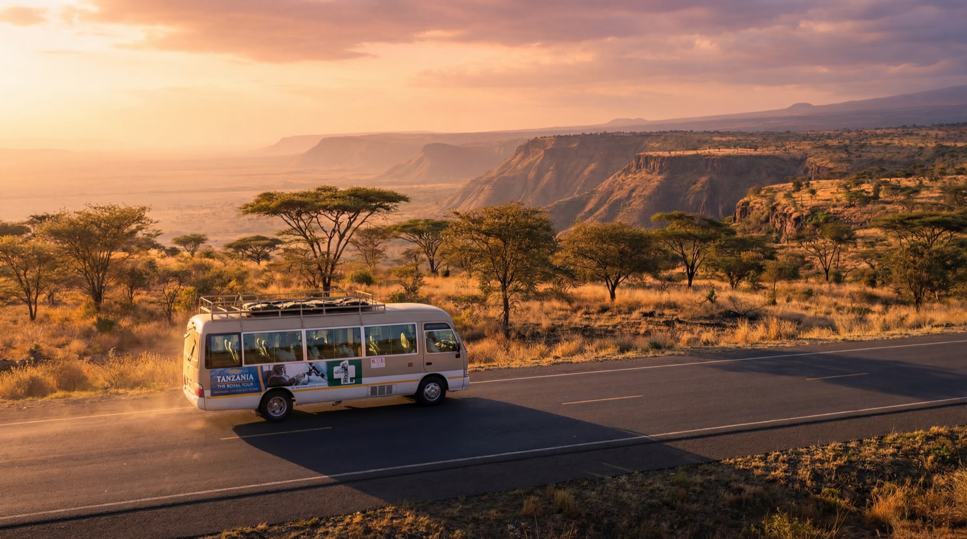 A shuttle descending the Great Rift Valley escarpment road at sunset.